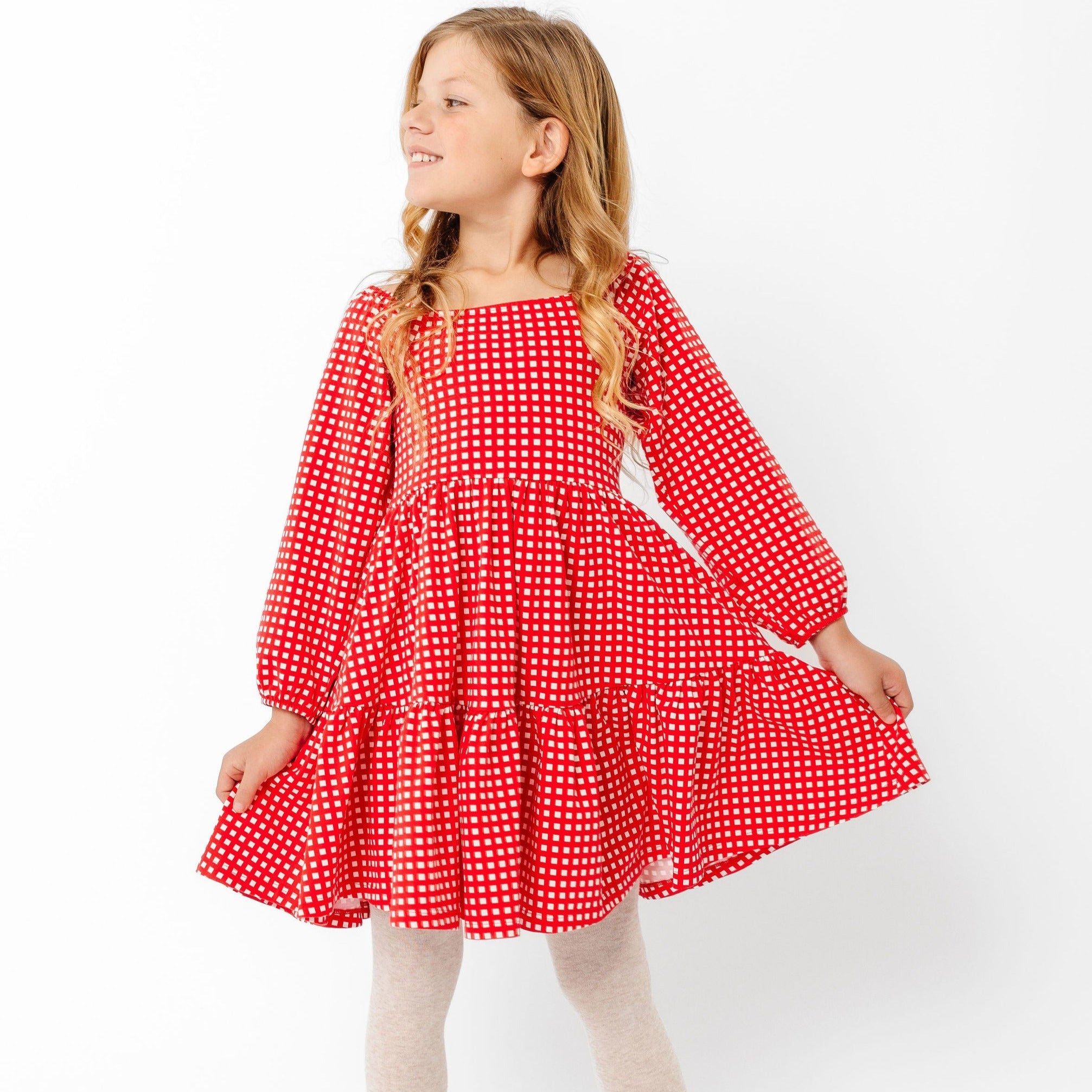 The Long Sleeve Juliet Dress in Cranberry Grid The Long Sleeve Juliet Dress in Cranberry Grid